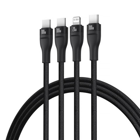 Kabel 3w1 Baseus Flash Series 3 100W USB-C - USB-C+USB-C+Lightning 1,5m + 3 x 0,25 m - czarny
