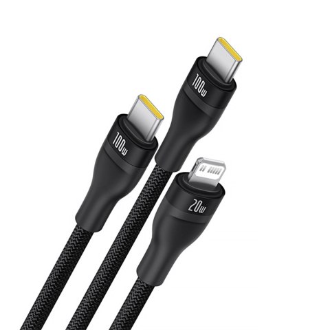 Kabel 3w1 Baseus Flash Series 3 100W USB-C - USB-C+USB-C+Lightning 1,5m + 3 x 0,25 m - czarny