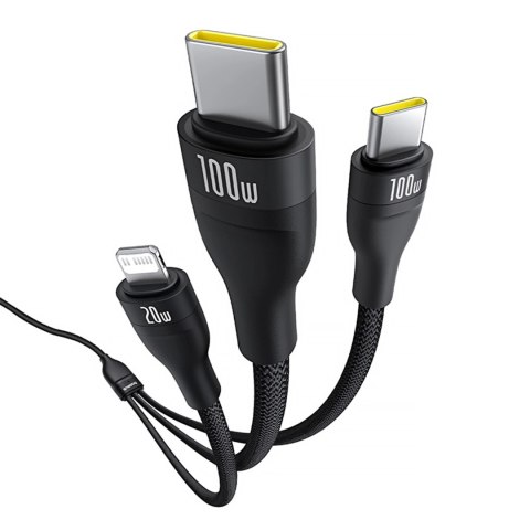 Kabel 3w1 Baseus Flash Series 3 100W USB-C - USB-C+USB-C+Lightning 1,5m + 3 x 0,25 m - czarny