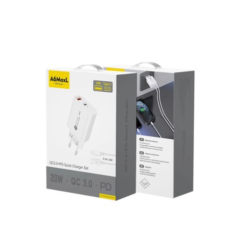 Ładowarka sieciowa A6MaxL 20W USB-A USB-C z kablem USB-C - Lightning 1m - biała