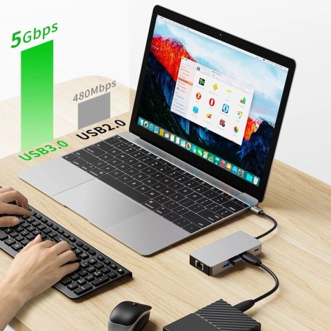 Adapter Tech-Protect HB05 HUB 9w1 USB-C + USB2.0 + USB3.0 + HDMI 4K 60HZ + SD / TF + PD100W + RJ45 - szary