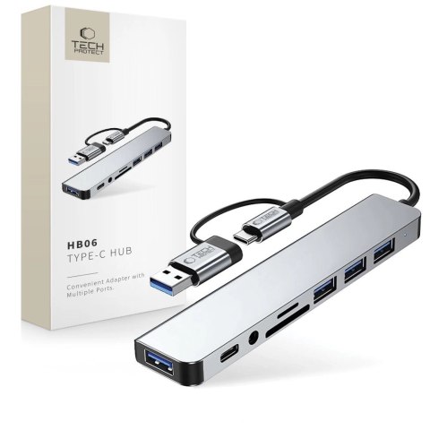 Adapter Tech-Protect HB06 HUB Adapter 8w1 TYP-C + USB2.0 + USB3.0 + SD/TF + AV3.5 - szary