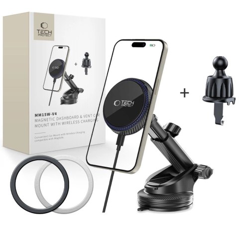 Uchwyt samochodowy Tech-Protect MM15W-V4 Magnetic MagSafe 15W na kokpit / szybę / kratkę nawiewu - czarny