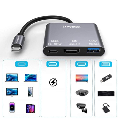 Hub Wozinsky WHCH-01 USB-C PD 100W HDMI 4K@30Hz USB-A 10Gbps - szary
