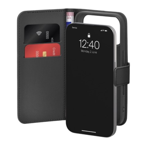 Etui Puro Wallet Stand na iPhone 17 Pro z ekoskóry, z klapką, portfelem i funkcją podstawki - czarne