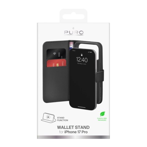 Etui Puro Wallet Stand na iPhone 17 Pro z ekoskóry, z klapką, portfelem i funkcją podstawki - czarne