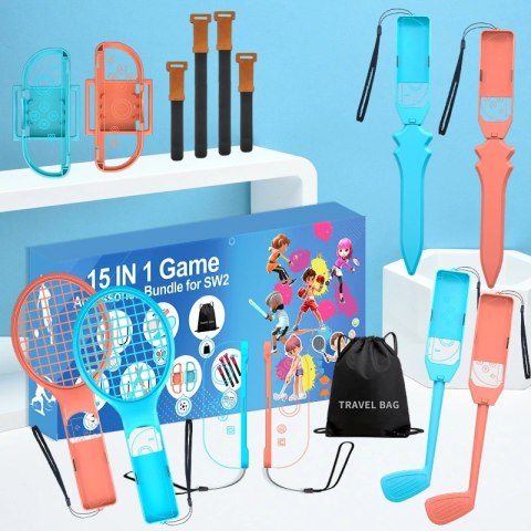 Pakiet akcesoriów rodzinnych 15 w 1 do konsoli Nintendo Switch 2 - zestaw pomarańczowy i niebieski