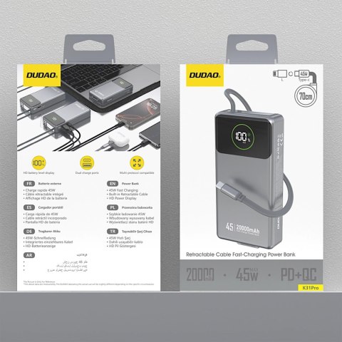 Powerbank Dudao K31 Pro 45W 20000mAh z wbudowanym zwijanym kablem USB-C - szary