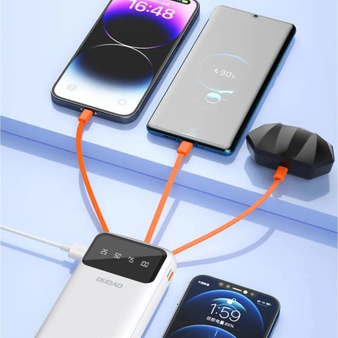 Dudao pojemny powerbank z 3 wbudowanymi kablami 20000mAh USB Typ C + micro USB + Lightning biały (Dudao K6Pro+)