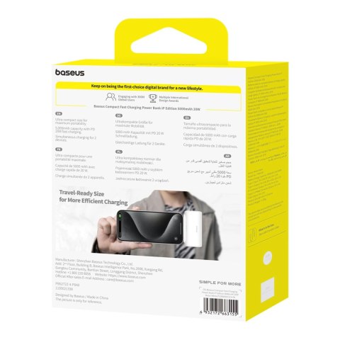 Powerbank Baseus Compact 5000mAh 20W ze złączem Lightning i gniazdem USB-C - biały