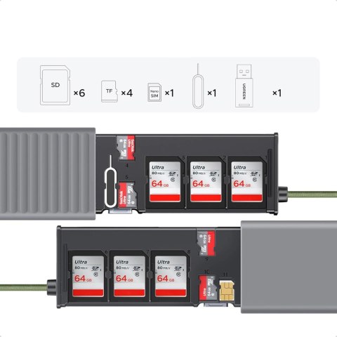 Czytnik kart pamięci Ugreen 2w1 z organizerem - szary