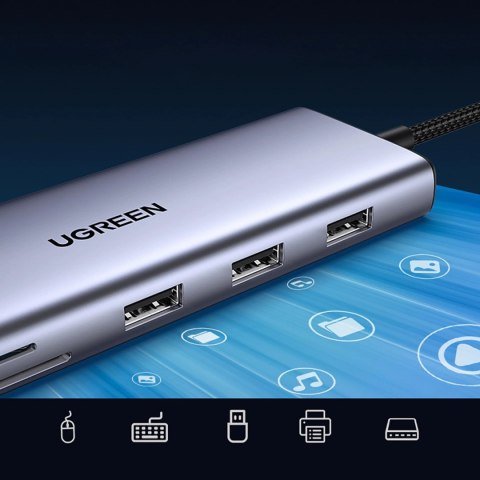 Hub Ugreen USB-C 10w1 USB-C HDMI Ethernet USB-A 5GB/s SD/TF minijack- szary