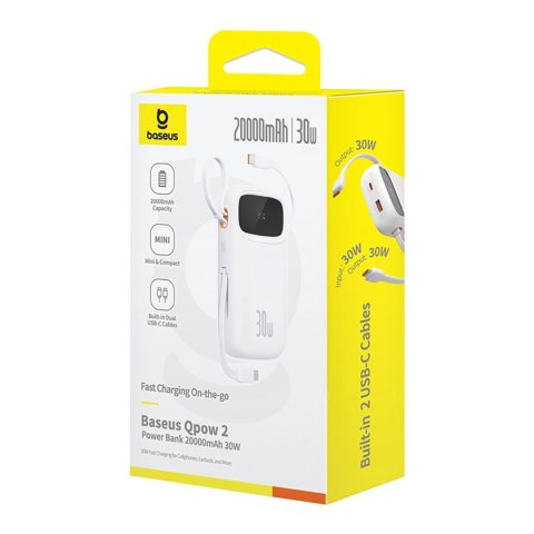 Powerbank Baseus QPow 2 20000mAh 30W z 2 wbudowanymi kablami USB-C - biały