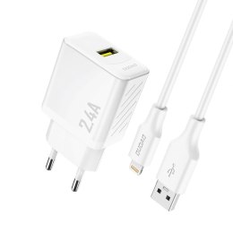 Ładowarka sieciowa Dudao A23LEU 2.4A GaN EU USB-A z kablem USB-A - Lightning - biała