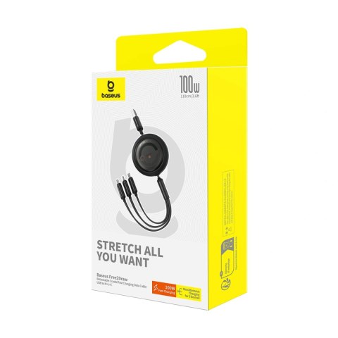 Kabel zwijany Baseus Free2Draw Retractable Crystal 100W 3w1 USB-A - MicroUSB/Lightning/USB-C 1,1m - czarny