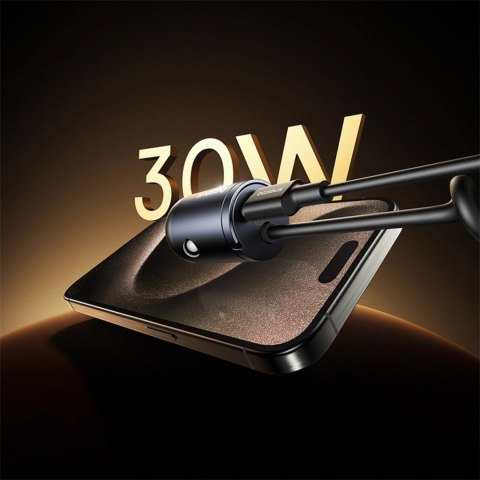 Ładowarka samochodowa Baseus Tiny Star 30W z wbudowanym spiralnym kablem USB-C - czarna