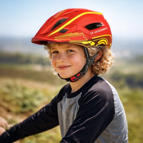 Kask rowerowy fullface dziecięcy Wozinsky z tylną lampką USB S - czerwono-żółty