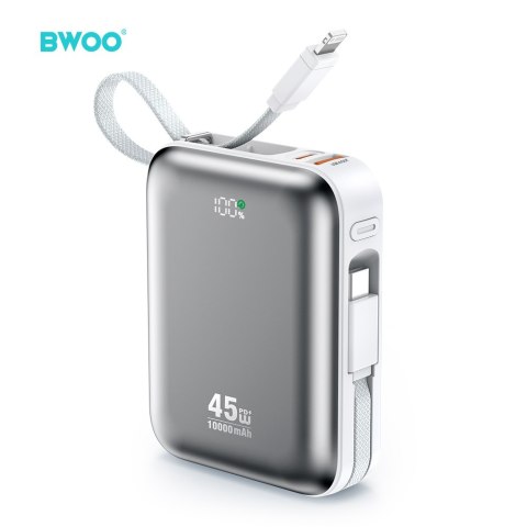 BWOO Power bank P77 45W, 10000 mAh z 2 kablami usb-c i lightning, szary