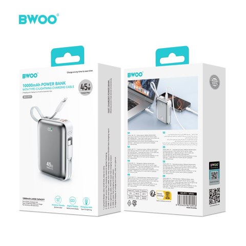 BWOO Power bank P77 45W, 10000 mAh z 2 kablami usb-c i lightning, szary