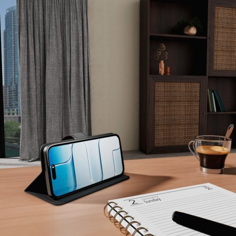 Etui Puro Wallet Stand na iPhone 17 Pro Max z ekoskóry, z klapką, portfelem i funkcją podstawki - czarne