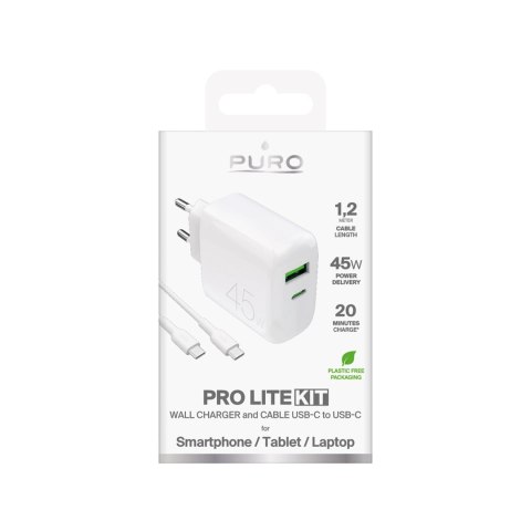 Ładowarka Puro Daily Prolite 45W USB-C USB-A Power Delivery z kablem USB-C - biała