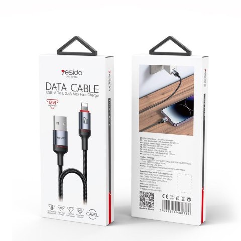 Yesido Kabel CA129L 12W USB-Lightning 1.2m 2A, BLACK / CZARNY