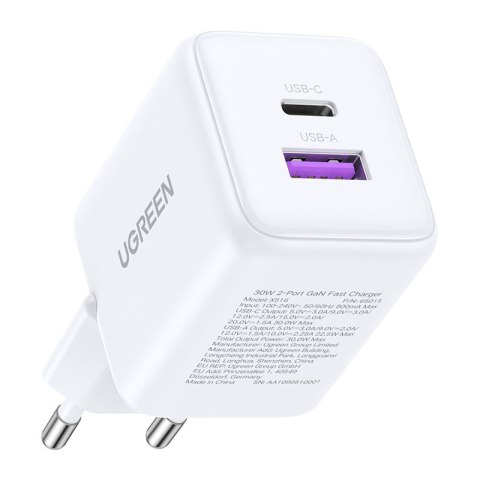 Ładowarka sieciowa Ugreen X516 USB + USB-C, GaN, 30W (biała)