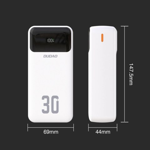 Powerbank Dudao K15Max 30000mAh PD 22.5W z kablami USB-C i Lightning - biały
