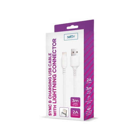 Setty kabel USB - Lightning 3,0 m 2A biały NEW