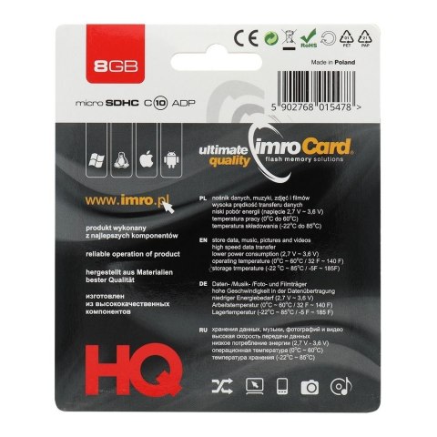 IMRO karta pamięci microSD 8GB 100MB/s class 10 UHS I z adapterem SD