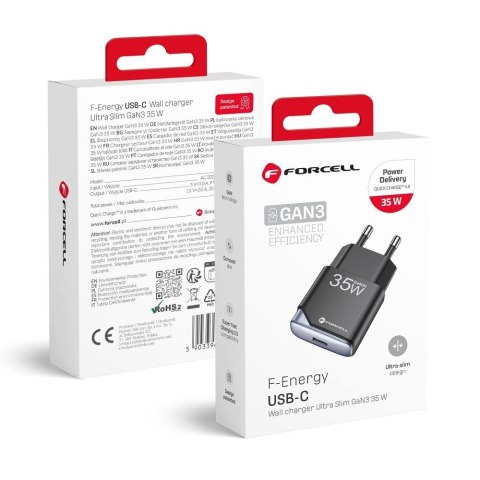 Ładowarka sieciowa do telefonu Forcell F-Energy Ultra Slim GaN III USB C PD QC4.0 3A 35W B135101-E czarna