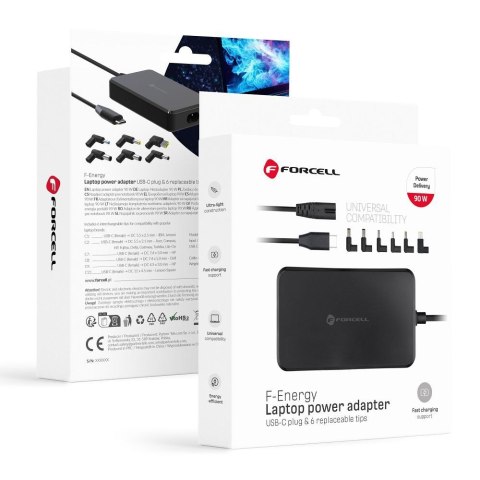 Uniwersalny zasilacz do laptopa 90W Forcell F-Energy USB C + 6 końcówek E856 czarny
