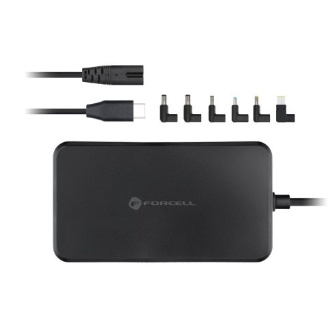 Uniwersalny zasilacz do laptopa 90W Forcell F-Energy USB C + 6 końcówek E856 czarny