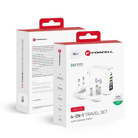 Wielofunkcyjna ładowarka Forcell F-Energy 4w1 2 x USB A + USB C 15W + power bank 8000mAh + ładowanie bezprzewodowe biała
