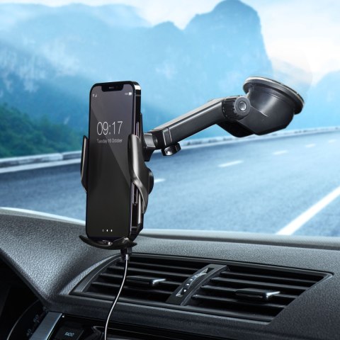 Uchwyt na telefon do samochodu indukcyjny automatyczny Forcell F-Grip HS1 Qi 15W do szyby / kratki czarny
