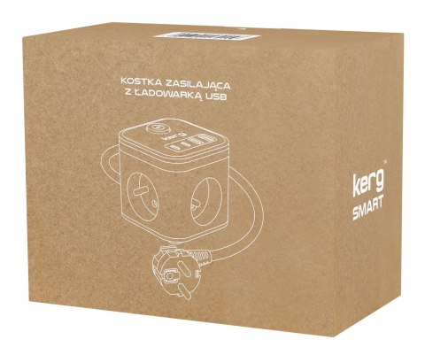 KERG Kostka zasilająca 3-gniazdowa + ładowarka USB-A+USB-C 1,5m 3×1,5mm2 H05VV-F 16A/250V~ Smart biała