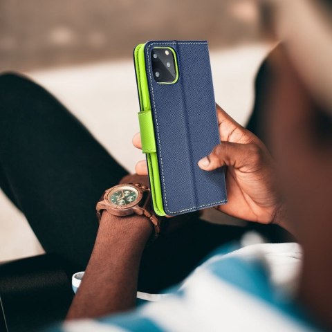 Etui z klapką na iPhone 16 PLUS Fancy Book granatowo-limonkowe