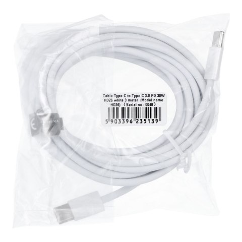 Kabel USB C do USB C PD QC3.0 3A 30W 3 m HD26 biały