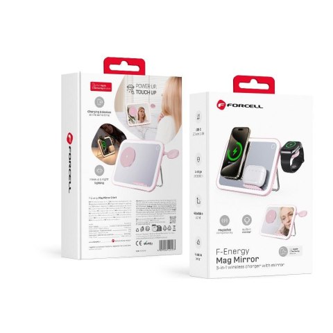 Forcell F-ENERGY Mag Mirror 3 in 1 15W ładowarka indukcyjna z kompatybilna z MagSafe / Apple Watch / Samsung Watch / Airpods róż