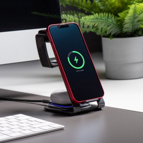 Ładowarka indukcyjna Forcell F-Energy 3w1 Simply Charge aluminiowa kompatybilna z Apple Watch i Samsung Watch szara