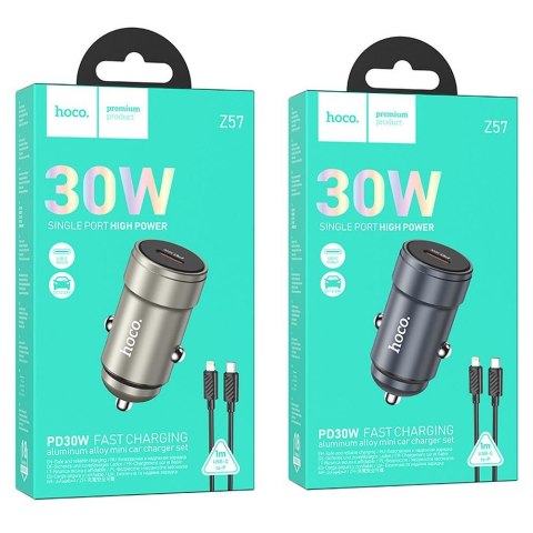 Ładowarka samochodowa Hoco USB C QC3.0 PD 30W + kabel USB C do Lightning Z57 szara