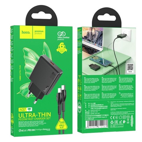 Ładowarka sieciowa do telefonu Hoco Slim USB C QC PD 20W + kabel USB C do Lightning N37 czarna