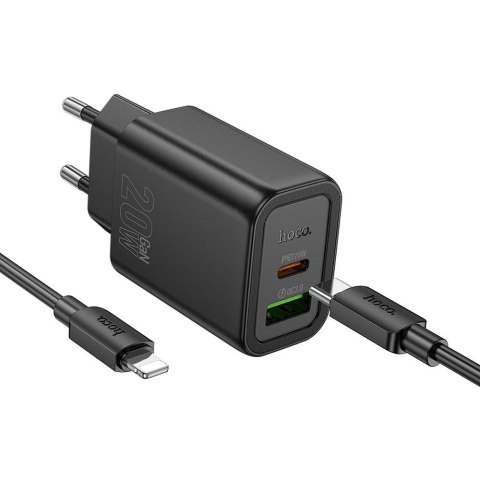 Ładowarka sieciowa do telefonu Hoco USB A + USB C QC3.0 PD 3A 20W + kabel USB C do Lightning N61 czarna