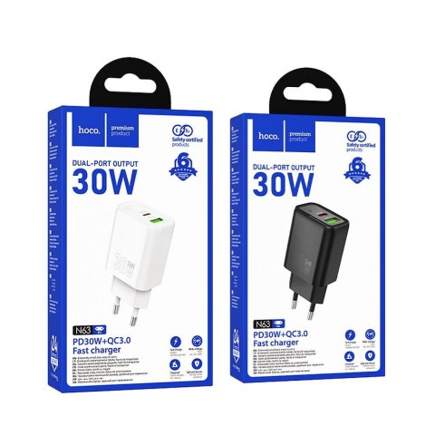 Ładowarka sieciowa do telefonu Hoco USB A + USB C QC3.0 PD 3A 30W N63 biała