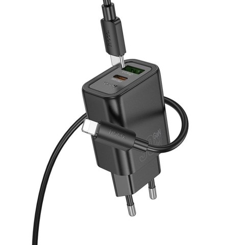 Ładowarka sieciowa do telefonu Hoco USB A + USB C QC3.0 PD 3A 30W + kabel USB C do Lightning N63 czarna
