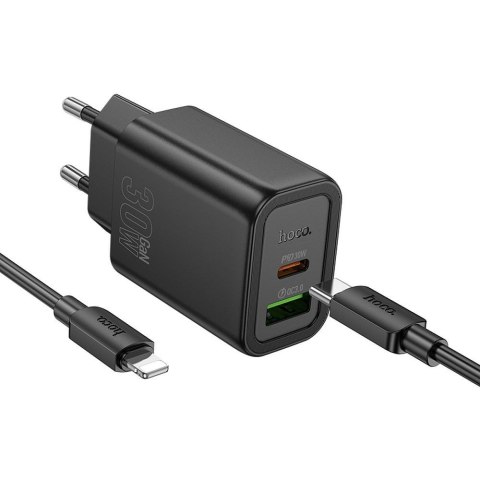 Ładowarka sieciowa do telefonu Hoco USB A + USB C QC3.0 PD 3A 30W + kabel USB C do Lightning N63 czarna