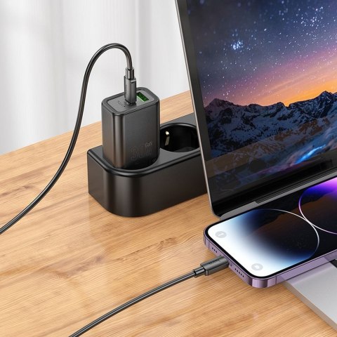 Ładowarka sieciowa do telefonu Hoco USB A + USB C QC3.0 PD 3A 30W + kabel USB C do Lightning N63 czarna