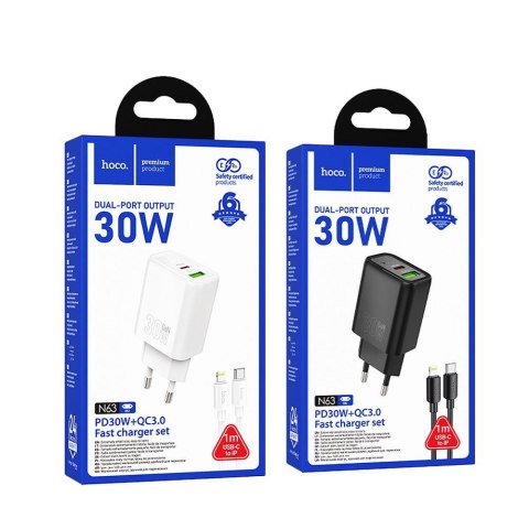 Ładowarka sieciowa do telefonu Hoco USB A + USB C QC3.0 PD 3A 30W + kabel USB C do Lightning N63 czarna