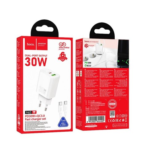 Ładowarka sieciowa do telefonu Hoco USB A + USB C QC3.0 PD 3A 30W + kabel USB C do USB C N63 biała