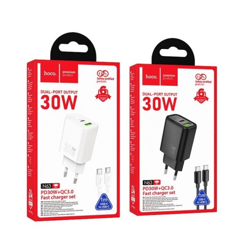 Ładowarka sieciowa do telefonu Hoco USB A + USB C QC3.0 PD 3A 30W + kabel USB C do USB C N63 biała